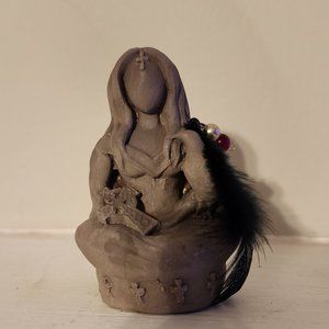 Morrigan Raven Goddess Figure w/ Feather Celtic Cross Druid Moon Altar Goddess
